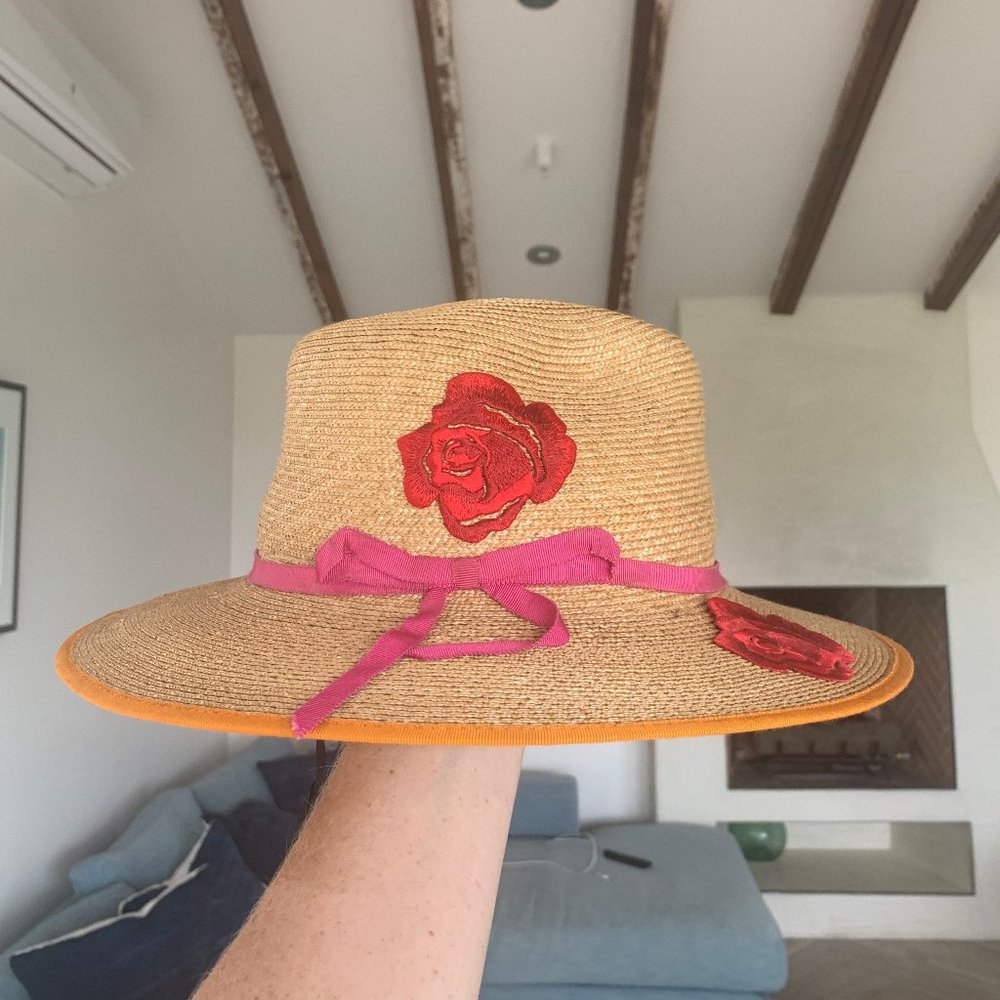 Tracy Watts Straw Fedora Hat with Roses